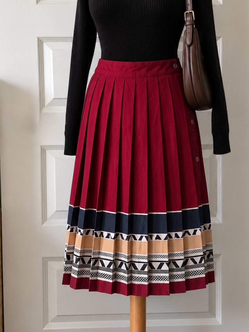 Vintage La Claiborne Pleated Knee-Length Skirt Burgundy Geometric Border Print